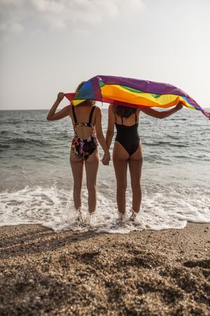 Females standing with rainbow flag on seashore