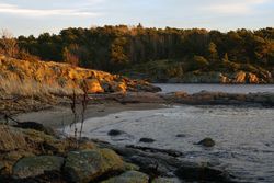 Rocky shore of tranquil sea in dusk