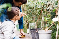 Person pointing at plant in can near child