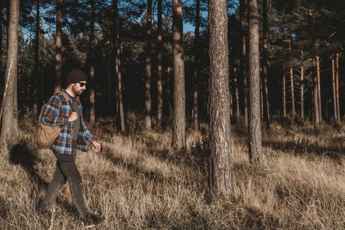 Confident tourist walking along autumn forest