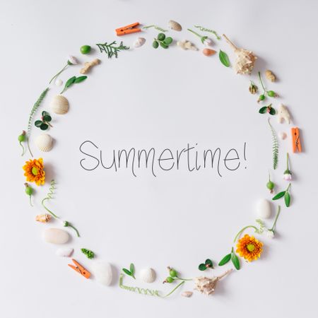 Circle around the word “Summertime!” with summery items like flowers and seashells
