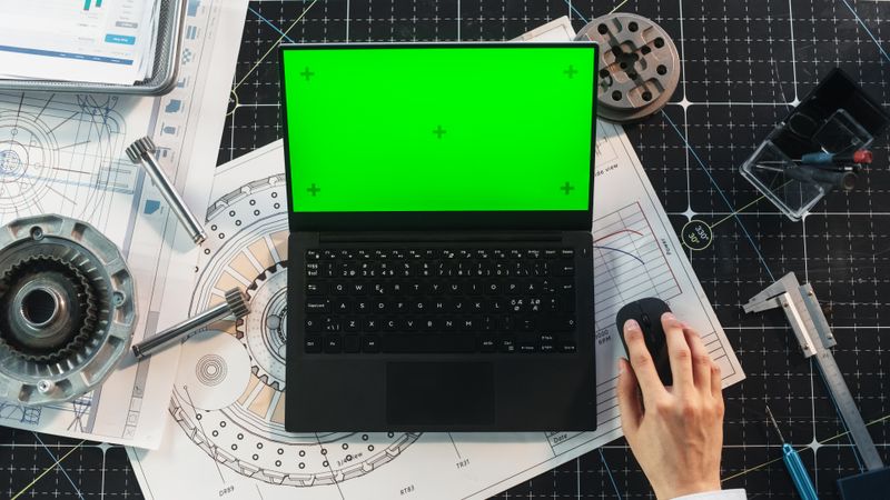 Anonymous Industrial Specialist Using Laptop Computer with Mock Up Green Screen Chromakey Display with Placeholders. Man Sitting Behind a Desk, Browsing Internet, Using a Wireless Mouse. Top Down View