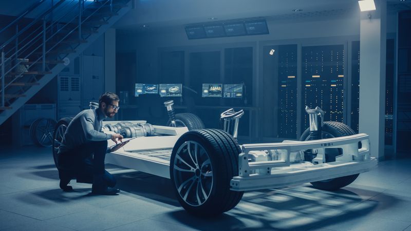 Automobile Engineer Working on Electric Car Platform Chassis Prototype, Using Tablet Computer with 3D CAD Software Modelling.