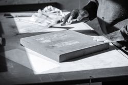 Painter artist working on a oil canvas