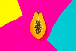 Papaya on pattern of ripped paper in vivid colors