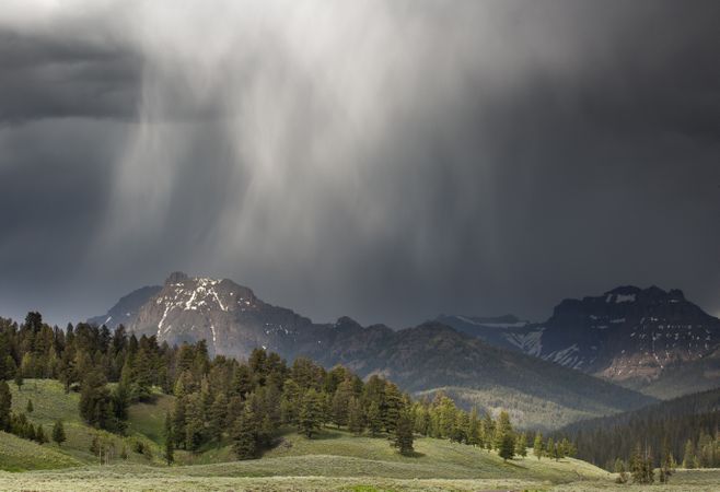 Storm and rainclouds over valley in Yellowstone National Park