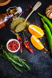 Counter with aromatics and orange slices