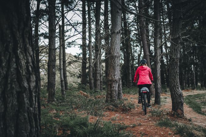 Female bicyclist riding in forest