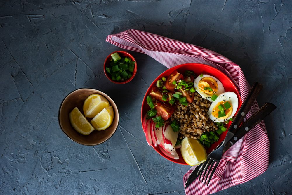 Top view of healthy buckwheat salad
