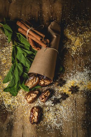 Dates fruits with walnuts, mint and cinnamon for Ramadan