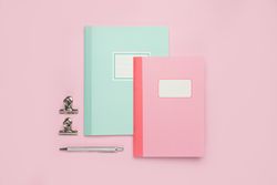 School stationery set on pink background