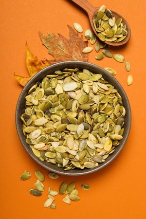 Cooking ingredients for fall season - pumpkin seeds, pumpkin