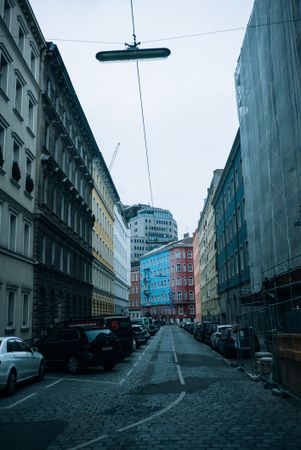 Tram lines in narrow street in Vienna, Austria
