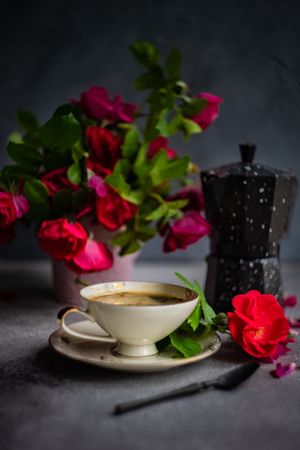 Side view of coffee set with red roses and moka pot with copy space