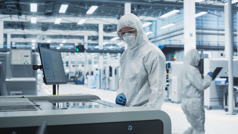 Unrecognizable people in protective gear working in front of screen in store
