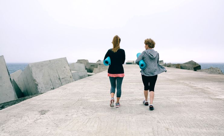 Back view of women walking by sea pier
