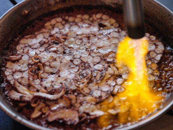 Shallow pan of traditional paella