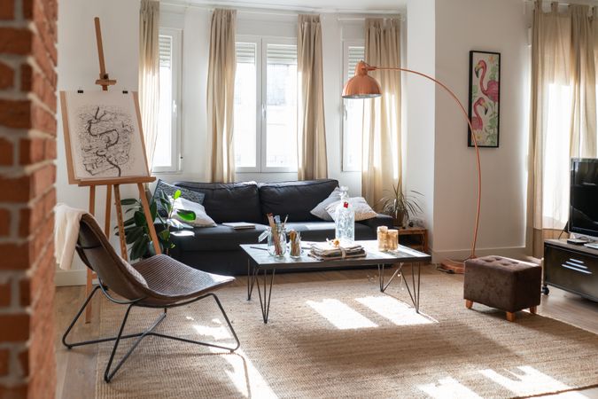 Light modern room decorated for Christmas