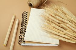 Close up of notebook with dried flowers, yarn, pencils on neutral brown background
