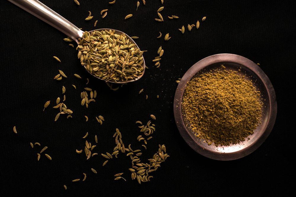 Raw organic fennel seeds placed on a steel spoon along with fennel seed powder placed on a steel plate against a dark background