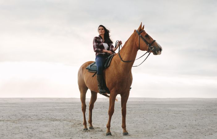 Full length of young woman sitting on her stallion at the beach