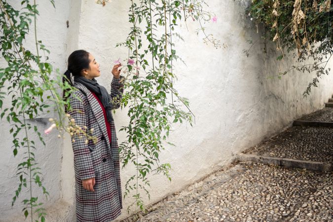 Young female in casual clothing touching green plants and smiling at rocked lane