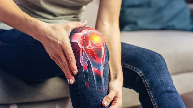 VFX Joint and Knee Pain Augmented Reality Render. Close Up of a Person Experiencing Discomfort in a Result of Leg Trauma or Arthritis.