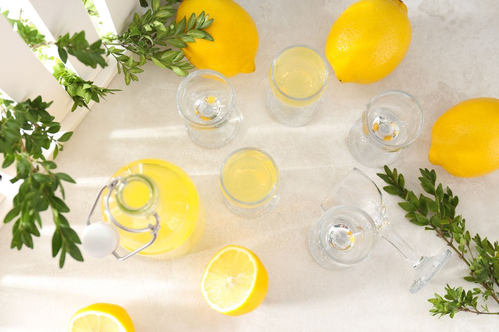 Concept of tasty drink, Limoncello, top view