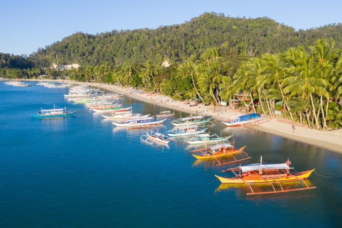 Tropical seashore with colorful boats at rest