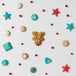 Christmas cookies and red berries with reindeer cookie