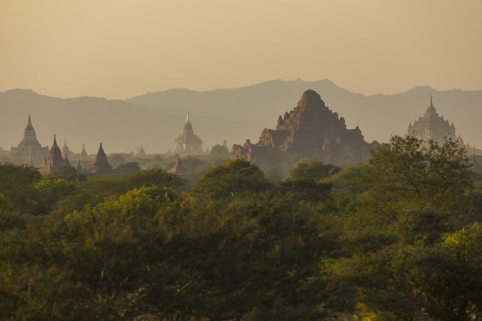 Sunset landscape of the ancient Buddhist temples in the city of Bagan, in Myanmar