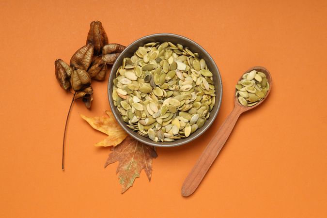 Concept of Autumn vibe food, Pumpkin, Pumpkin seeds