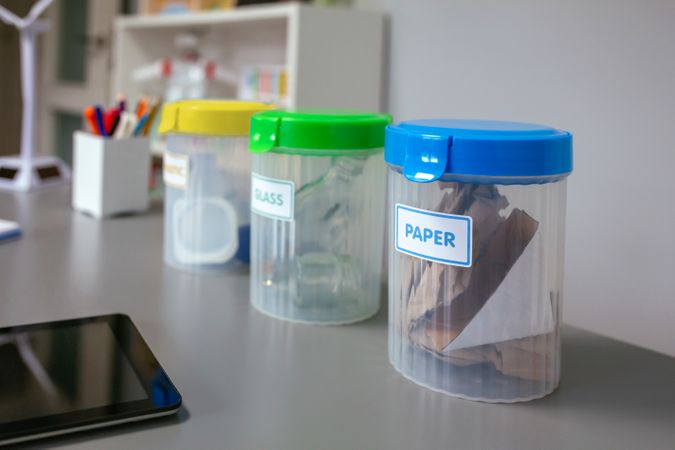 Selective trash bins and over desk in environmental classroom