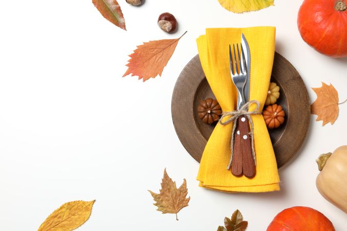 Concept of Thanksgiving day, Autumn table setting, space for text