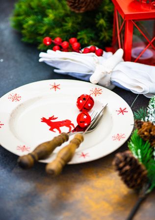 Christmas dinner concept with red reindeer plate