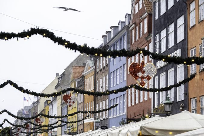 Colorful houses in Copenhagen on a wintry December day