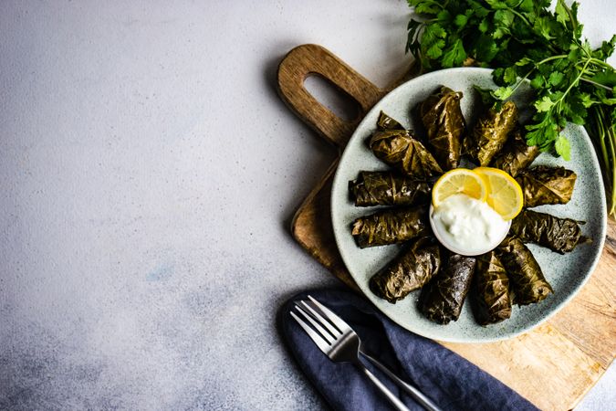 Top view of plate with traditional Georgian stuffed grape leaves