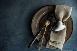 Top view of table setting with heart ornaments
