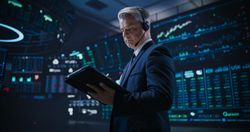 Low Angle Portrait of a Proactive Stock Exchange Manager Working in Modern Office.