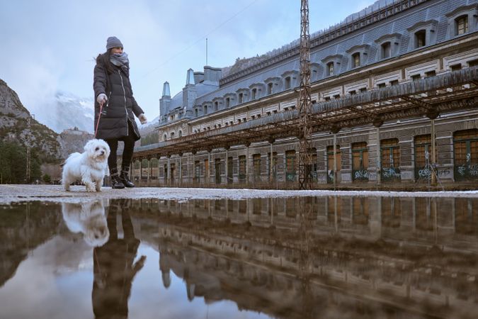 Woman in outerwear walking with dog in city