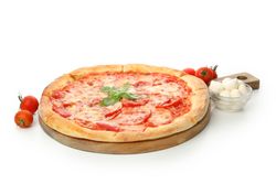 Tasty pizza and ingredients isolated on neutral background