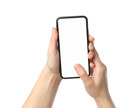 Female hands holding phone with empty screen, isolated on blank background