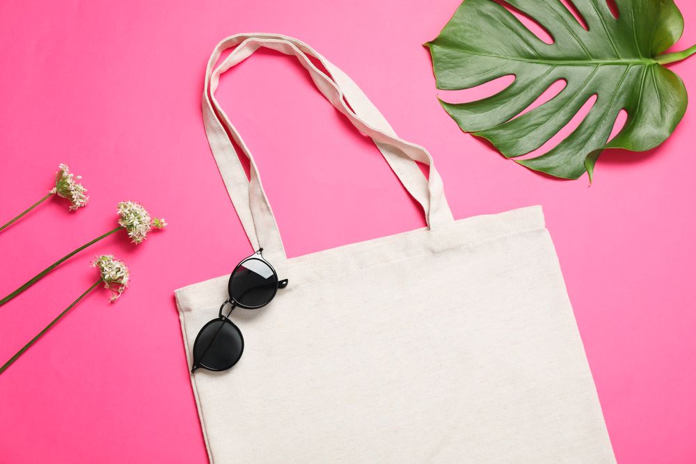 Eco bag, palm leaf, sunglasses and allium on color background, copy space