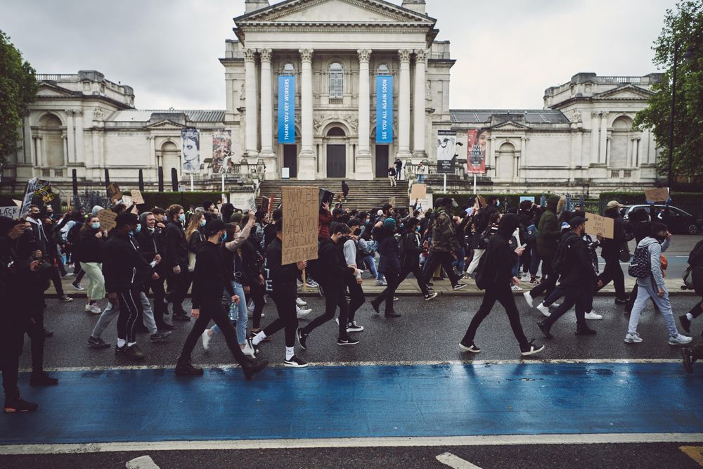 London, England, United Kingdom - June 6th, 2020: BLM protesters marching in front of Tate Britain