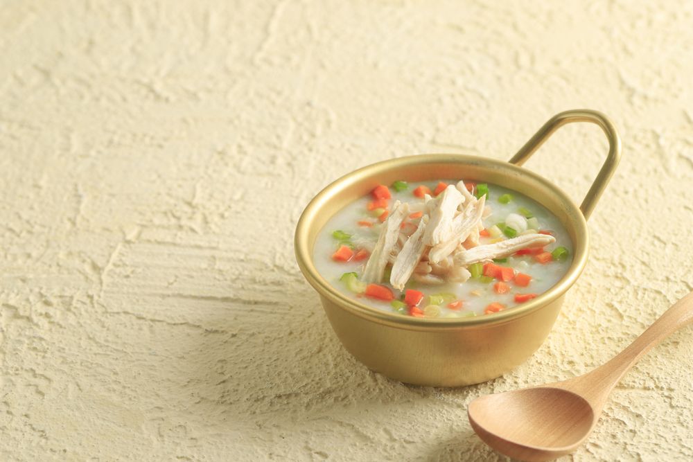 Korean Dakjuk Porridge, Chicken Congee with Shredded Chicken Breast