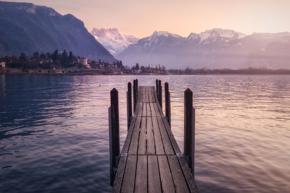 pier in lake and mountains