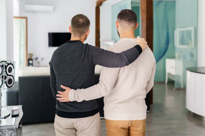 Rear view of male couple admiring living room of a house