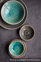 Top view of three decorative plates and bowls 5rVP15