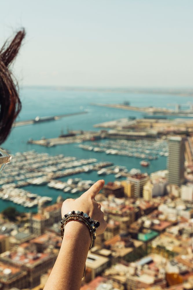 Hand pointing at sights of amazing coast