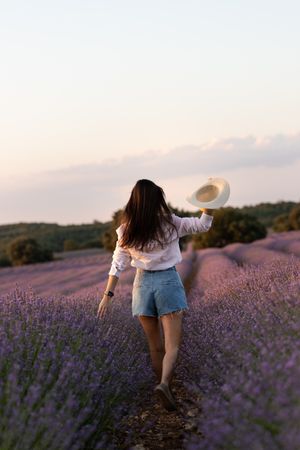 Anonymous woman walking in lavender field